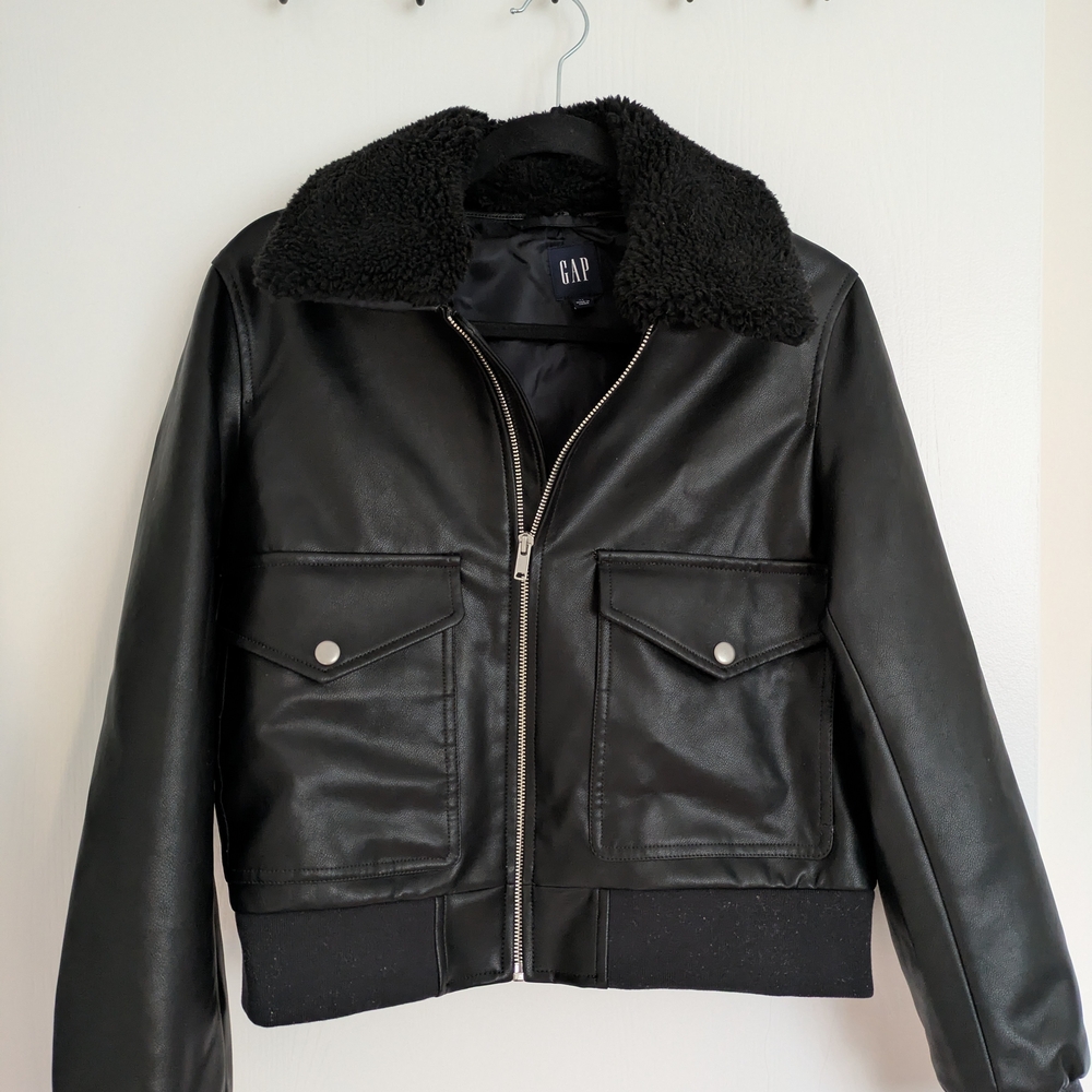 Black Faux Leather Jacket with Shearling Collar